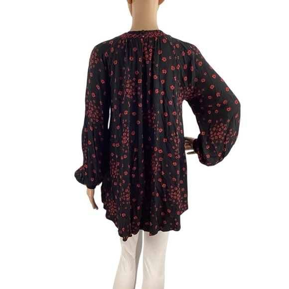 Free People Black Floral Smocked Swing Tunic Mini Dress M - Picture 5 of 7